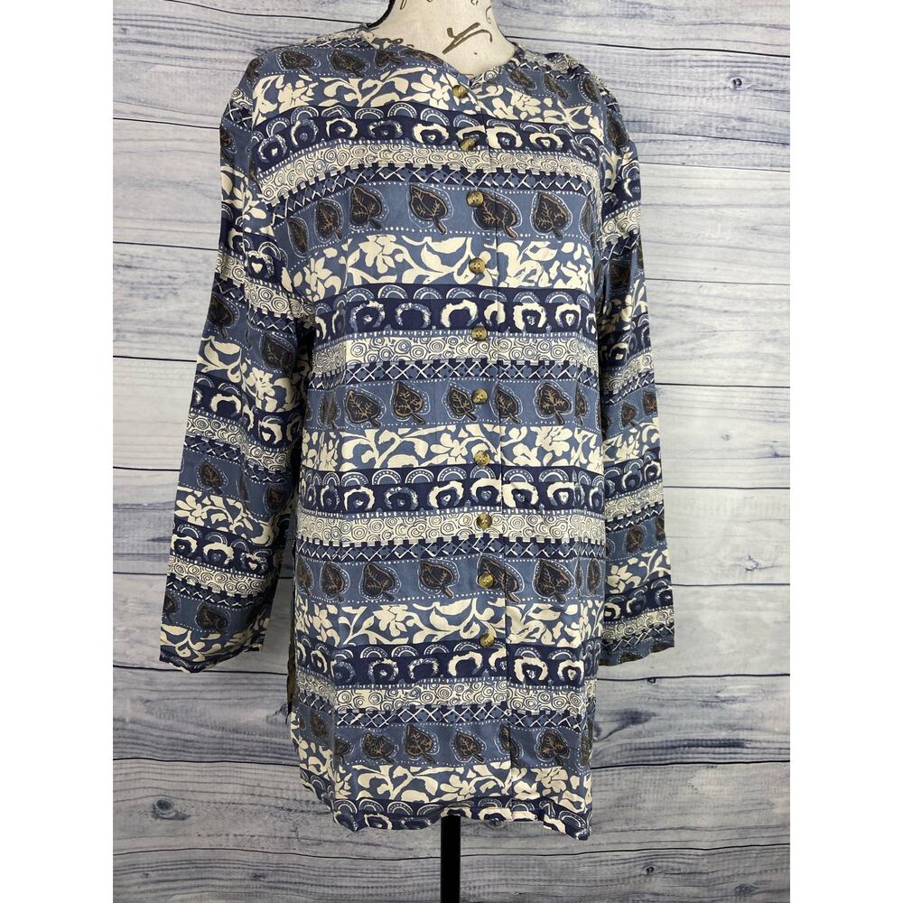 Anna and Frank Silk Tunic Blouse Womens M Button Front 3/4 Sleeves Hawaiian